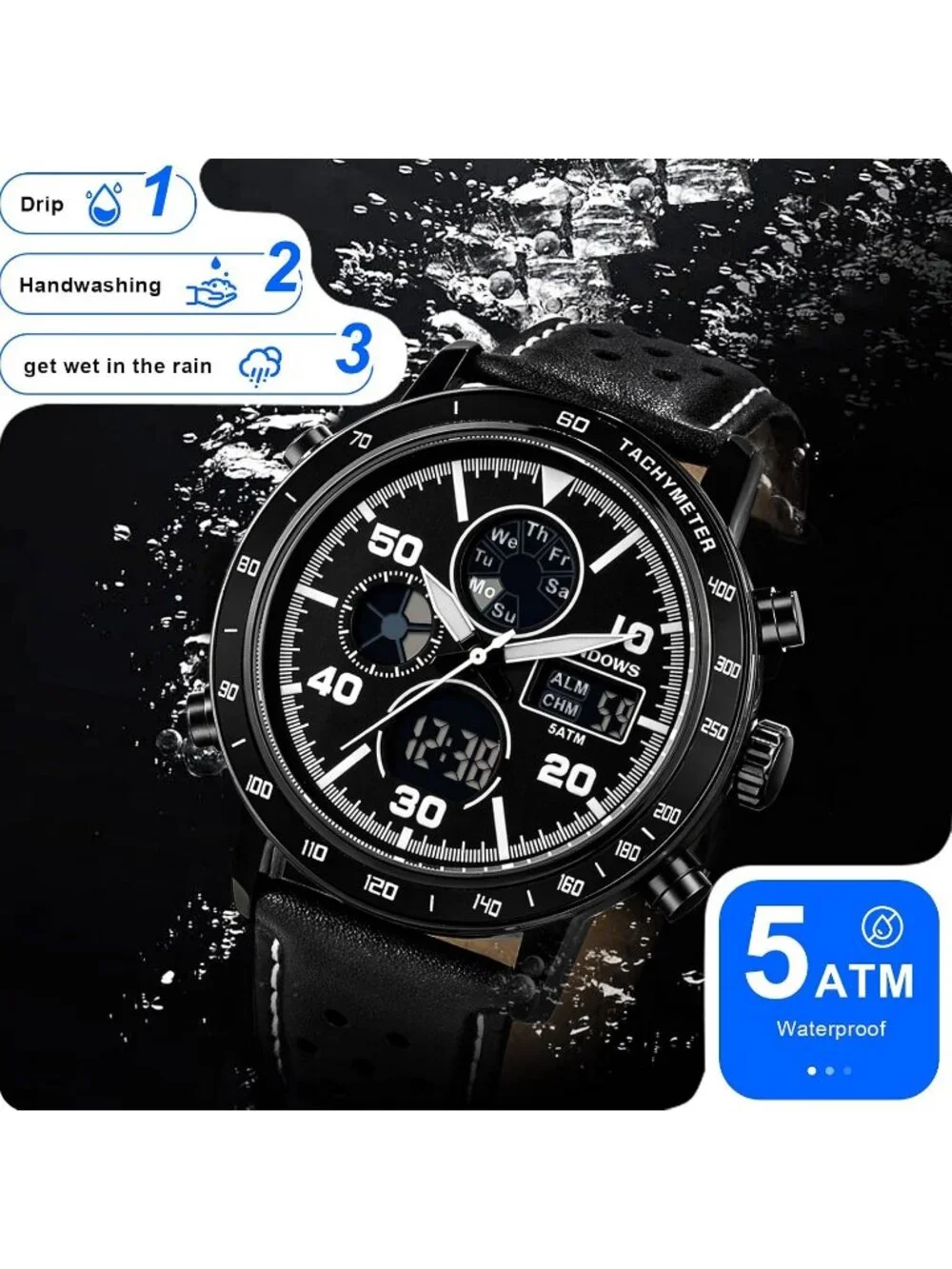 Men's Retro Black Fashion Digital Analog Multifunction Sport Casual Wrist Watch